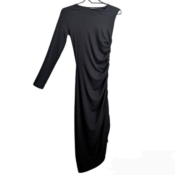 Zara Dresses & Skirts - Zara Black One Shoulder Long Sleeve Bodycon Side Ruched Midi Dress Stretchy S